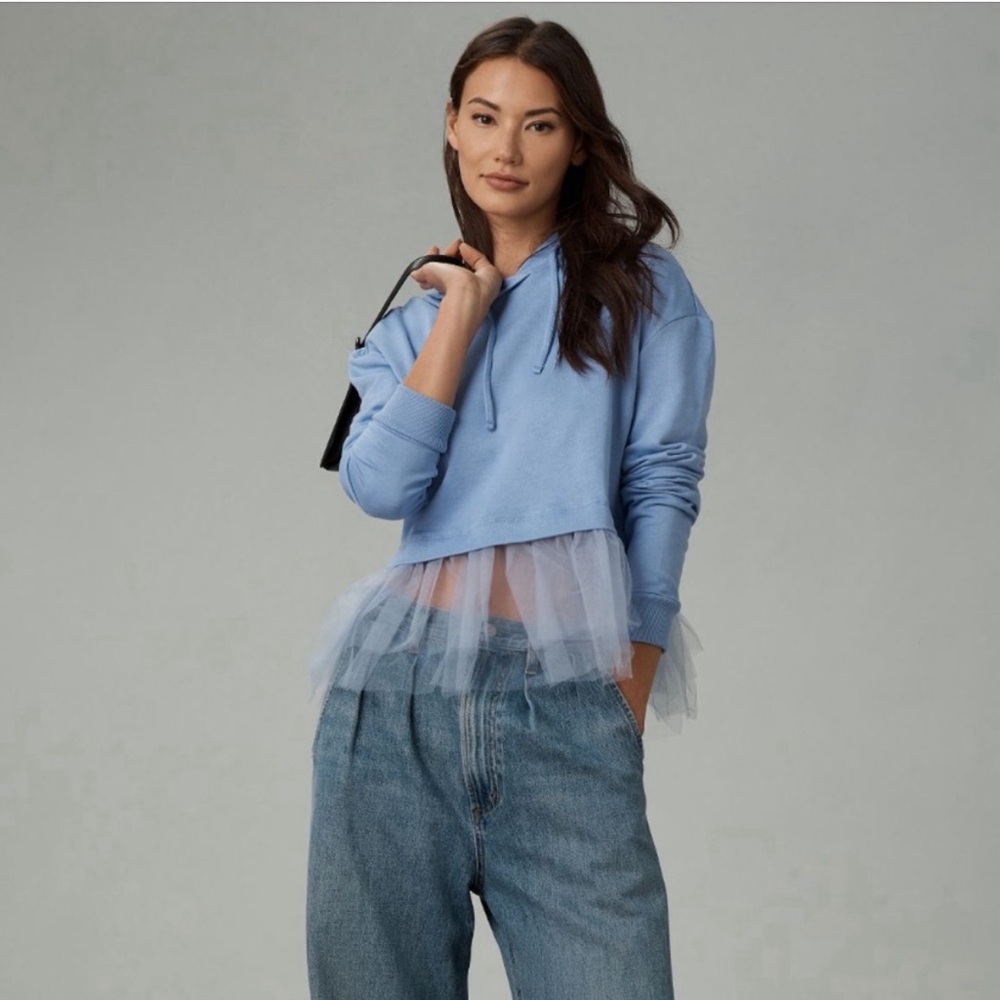 NWT - Anthropologie PILCRO tulle hem hoodie sweater - light baby blue - small